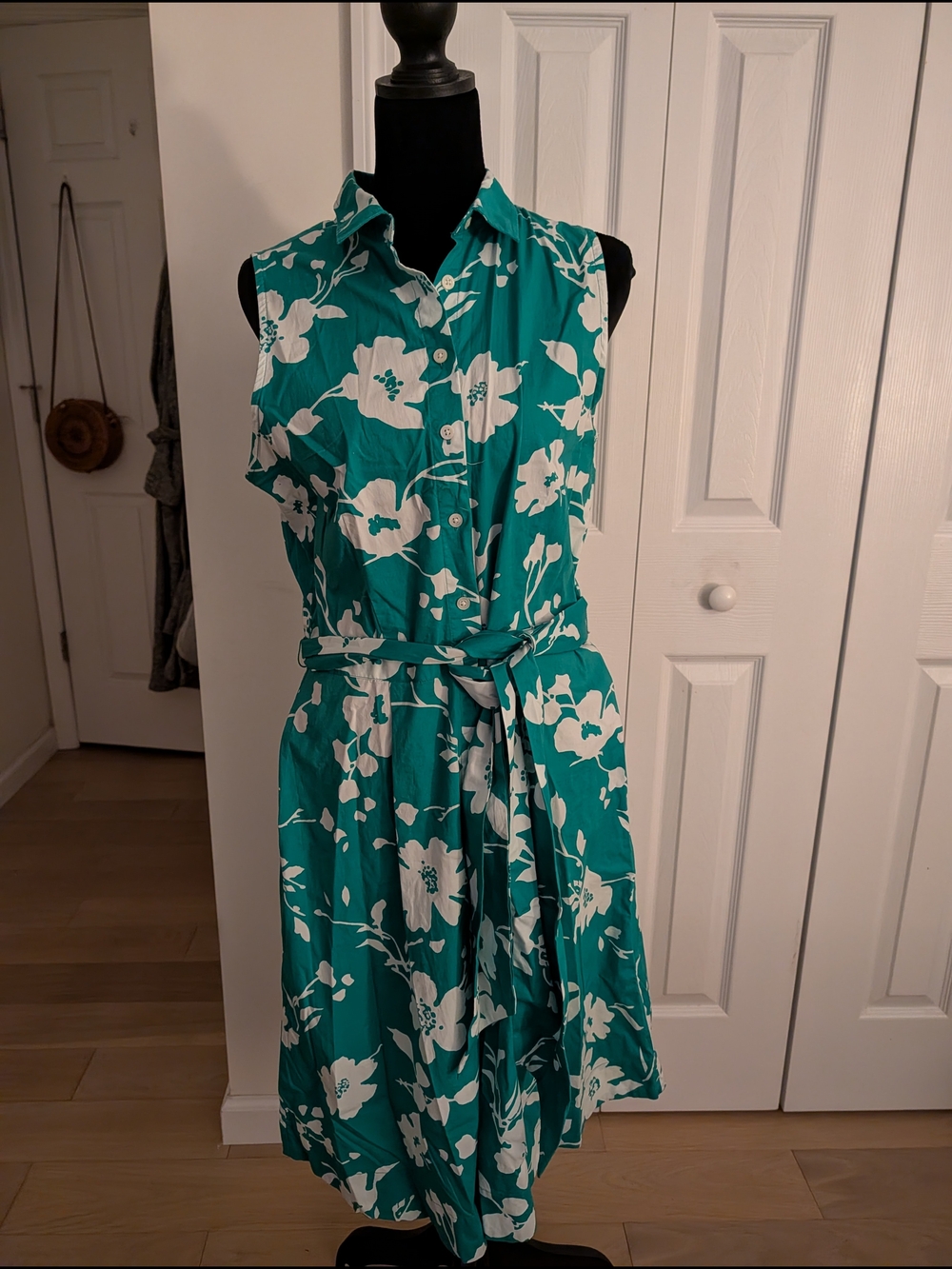 J. Crew Teal and White Floral Sleeveless Shirt Dress with Tie